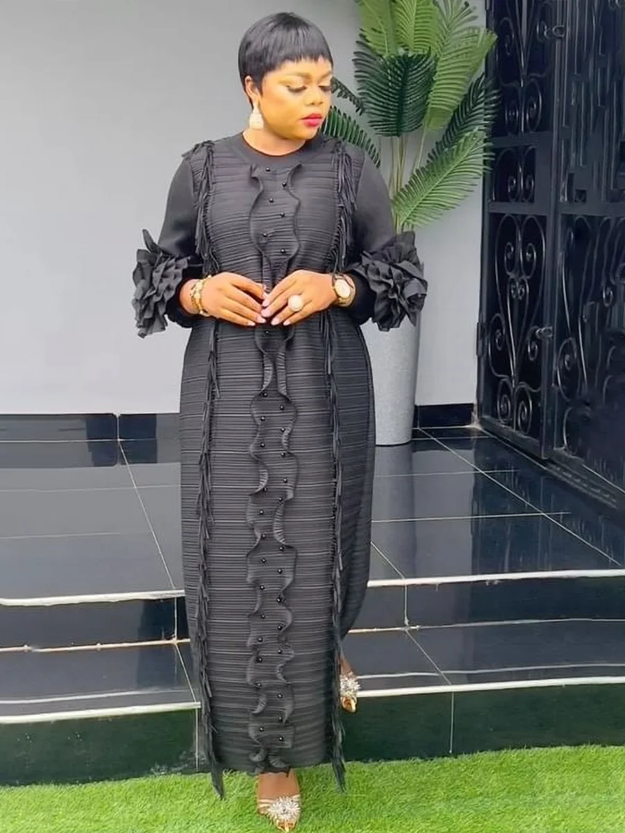 EGRM Miyake Pleated Dress Round Collar Full Sleeve Ruffles High Stretch Loose Dresses for Women 2025 New Autumn Clothing 2G3113 black One Size