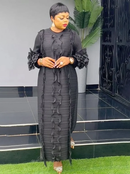 EGRM Miyake Pleated Dress Round Collar Full Sleeve Ruffles High Stretch Loose Dresses for Women 2025 New Autumn Clothing 2G3113 black One Size