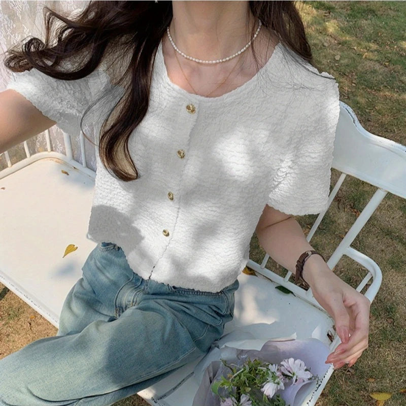 New Summer Short Sleeve O-Neck Women Shirt Sweet White Shirt Blouse Women Tops 2025 Blouses Shirts Blusas Para Mujer Blusa XL183
