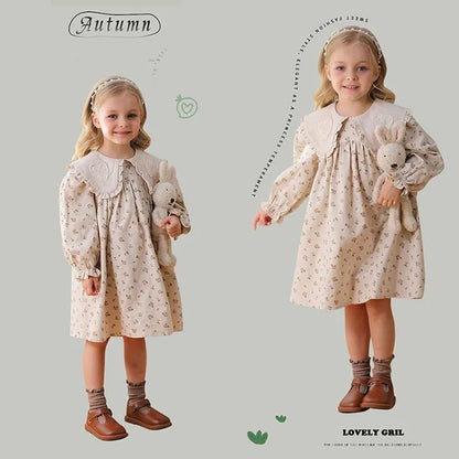 2025 New Spring European American Style Sister Clothes Kids Princess Dresses Long Sleeved Cotton Print 2-7Yrs Girl Party Dress