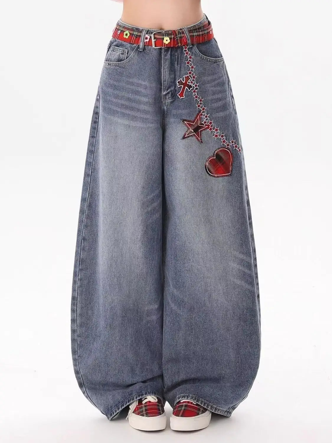 Y2K fashion retro cartoon embroidered women wide-leg jeans casual Harajuku loose pants street personality high-waisted jeans