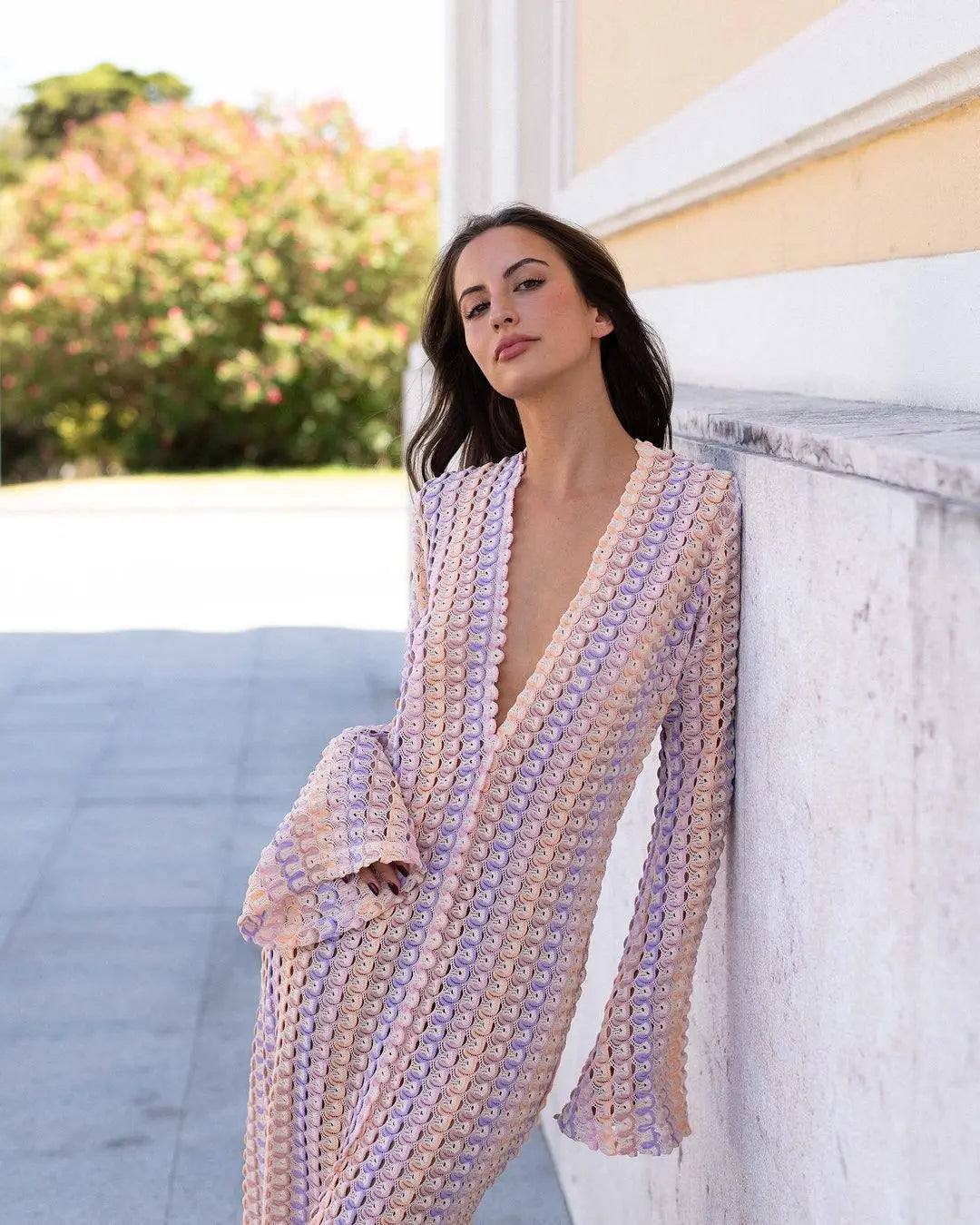 Crochet Colorful Stripe Flare Sleeve Maxi Dress Women V-neck High Split Sexy Lace Long Dresses 2024 New Beach Banquet Vestidos