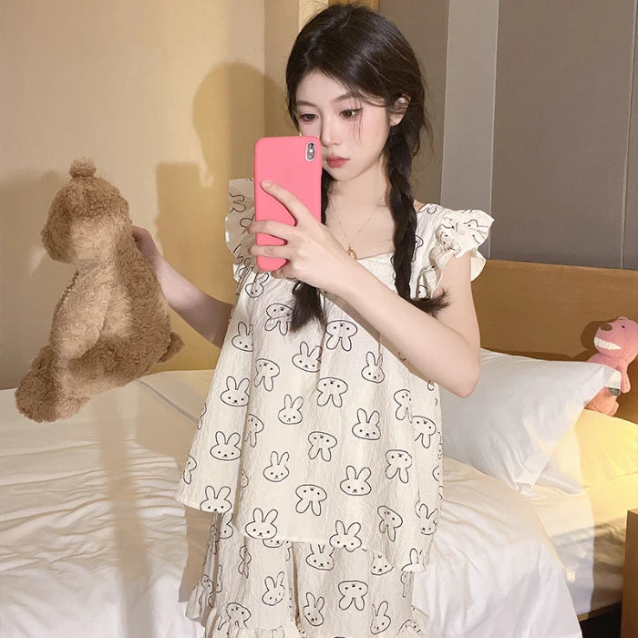 Summer Spwear Women's 2025 New Japanese Sle Fre Vest orts Woven Cotton Thin Home Clothes Set Sweet Print ort Pants Little rabbit