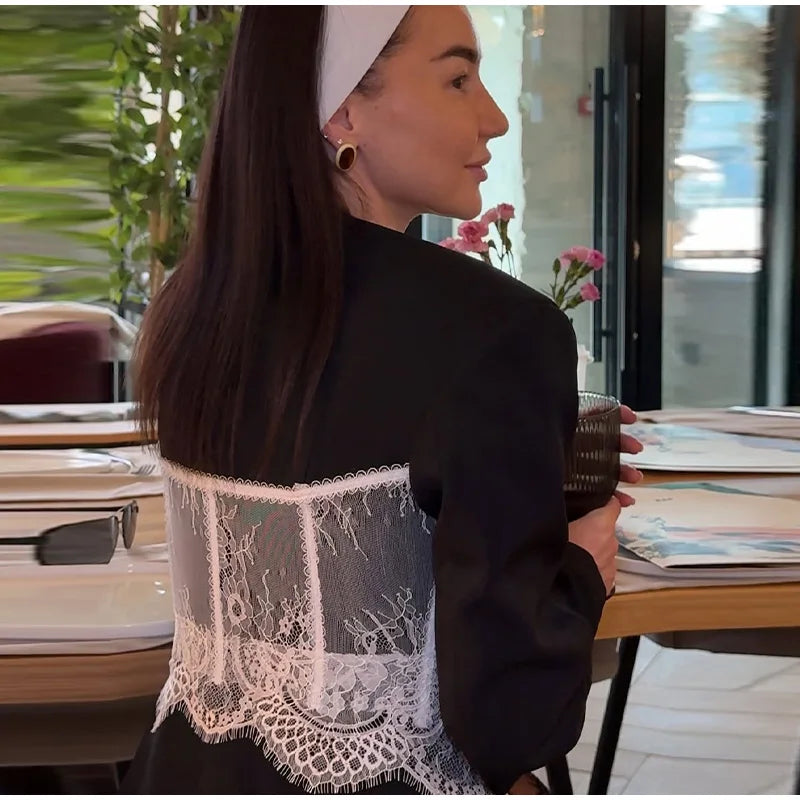 New Design Lace Patchwork Suit Jacket Women Retro Chic V-neck Single Breasted Waist-cinching Jackets Female High Street Outwear