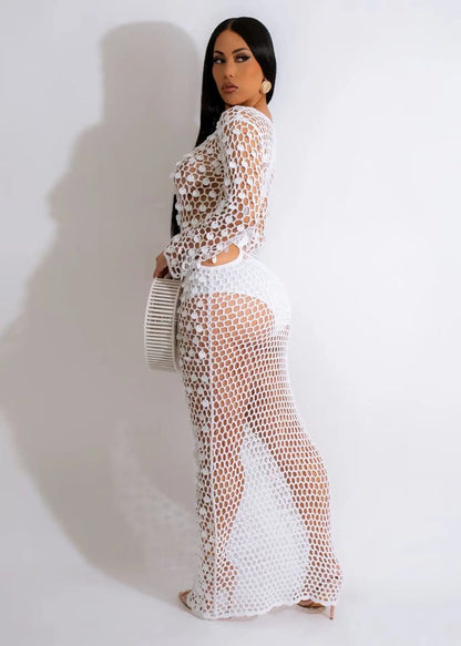 Joskaa Fishnet Knitting Hollow Sequins Maxi Dress Sexy See Through Holiday Long Sleeve Slim Summer 2023 Vacation Beach Dresses