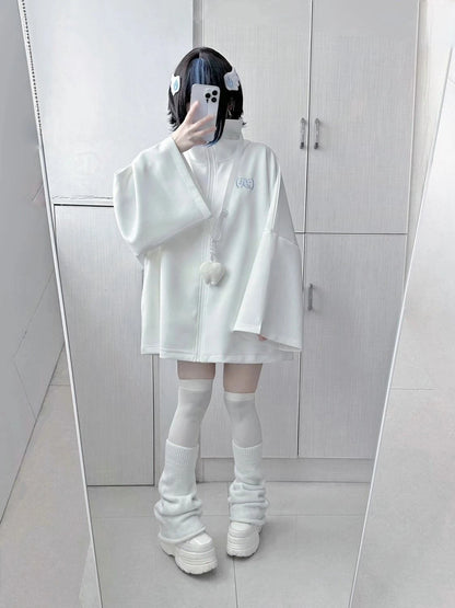 Spring Japanese Casual Solid Hoodies Women Loose Y2k Aesthetic Oversized Embroidery Coats Harajuku Zipper Grunge Sweatshirts