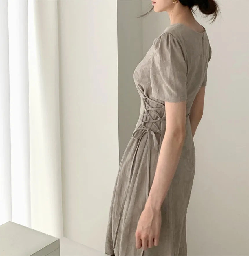 Cotton Linen Dress Long New Hot Sales Woman Short Sleeve Solid Retro Vintage Long Dresses