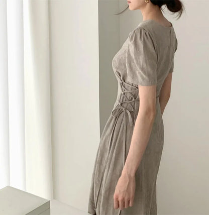 Cotton Linen Dress Long New Hot Sales Woman Short Sleeve Solid Retro Vintage Long Dresses