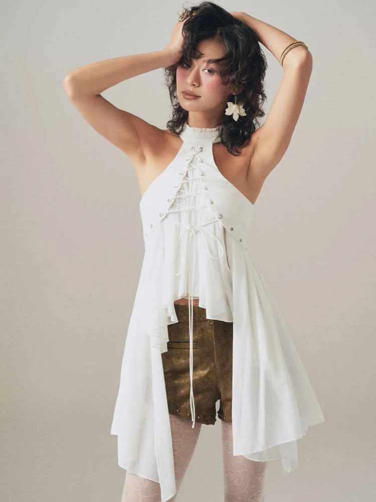 MCDV Mesh Patchwork Irregular Ruffles Vest Women Cross Bandage Elegant O-Neck Sleeveless Slim Tank Tops Y2K Summer Clothes Tees White CHINA