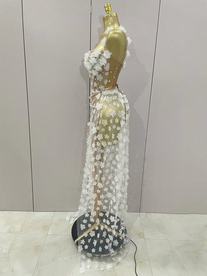 Sexy Mesh See Through Flowers Backless Long Dress 2025 Women Elegant Party Wedding Celebrate Evening Gown Prom Hotwife Outfit