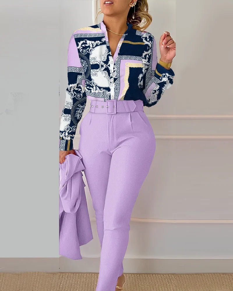 Women's Shirt 2 Pieces Suit Set 2024 Fall Print V Neck Long Sleeve Top Casual High Waist Pockets Work Female Clothes Pants Set