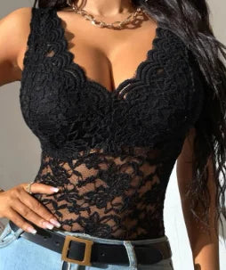 Blouse for Women Slim Deep V Neck T-Shirt 2025 Sexy Scallop Trim Lace Patchwork Glitter Flower Embroidery See-Through Shirt J