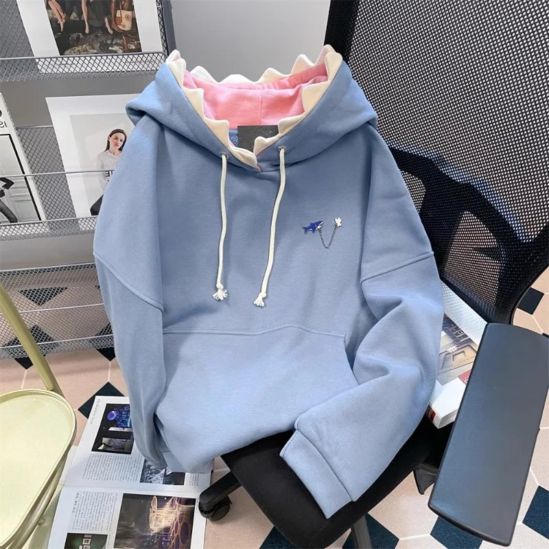 Hikigawa Chic Fashion Women Shark Hooded Sweatshirts Outerwear Autumn New Vintage Casual All Match Hoodies Coats Tosp Mujer