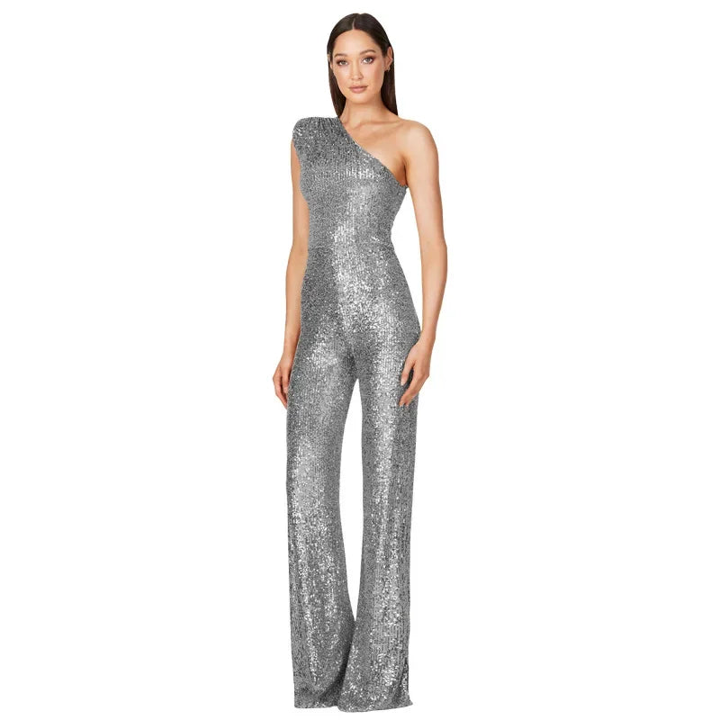 Women Elegant Long Jumpsuits Sexy Glitter Sequin Club Ladies Playsuits Slanted Collar Party Fashion Backless Solid Romper 2024 Badiee Stylez