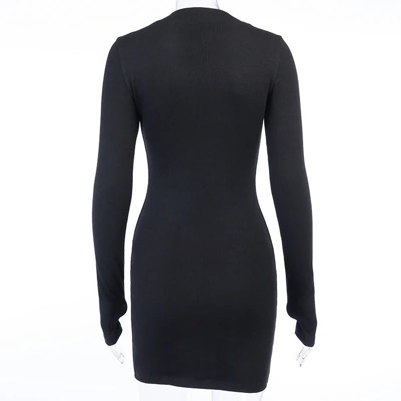 Long Sleeve Dresses for Women Black Sexy Club Bodycon Mini Dress Y2k High Waist Ladies Korean Short Dress Basic Autumn Winter