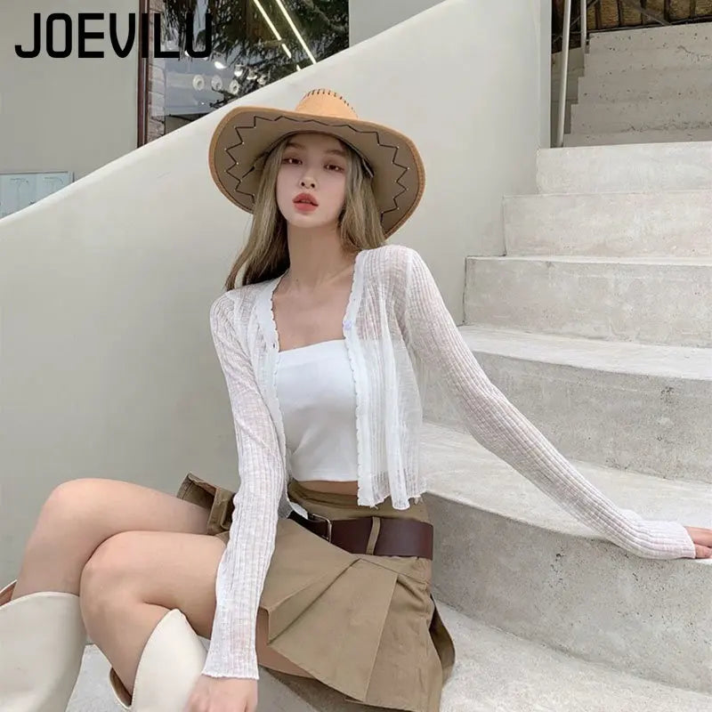 JOEVILU Thin Sunscreen Shirt Women's Summer Outerwear Crop Tops Hollow Out White Long-sleeved Cardigan Elegant Casual Shawl Coat