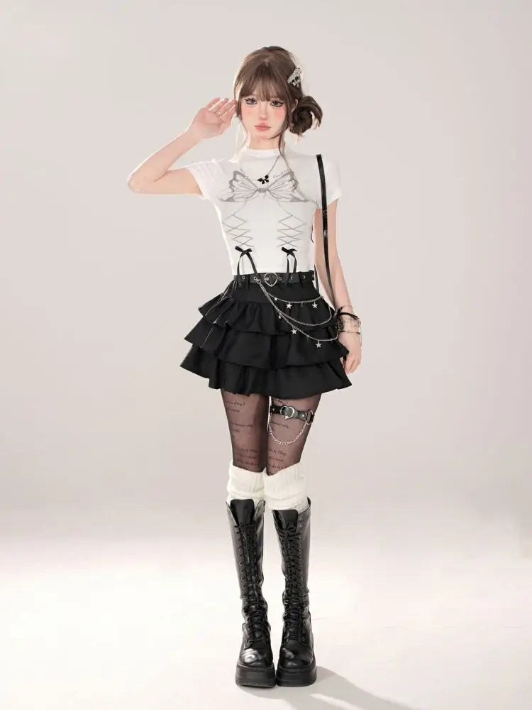 Women Black Gothic A-line Cake Skirt Vintage Y2k Skirt Aesthetic Harajuku Korean Elegant Kawaii Emo Skirts 2000s Trashy Clothes