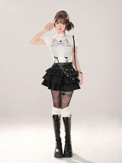 Women Black Gothic A-line Cake Skirt Vintage Y2k Skirt Aesthetic Harajuku Korean Elegant Kawaii Emo Skirts 2000s Trashy Clothes
