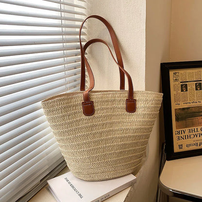 Women's Large Capacity Shoulder Bag Summer Straw Woven Basket Handbag Fashion Female Luxury Designer Beach Bag Bali Shopper Tote beige