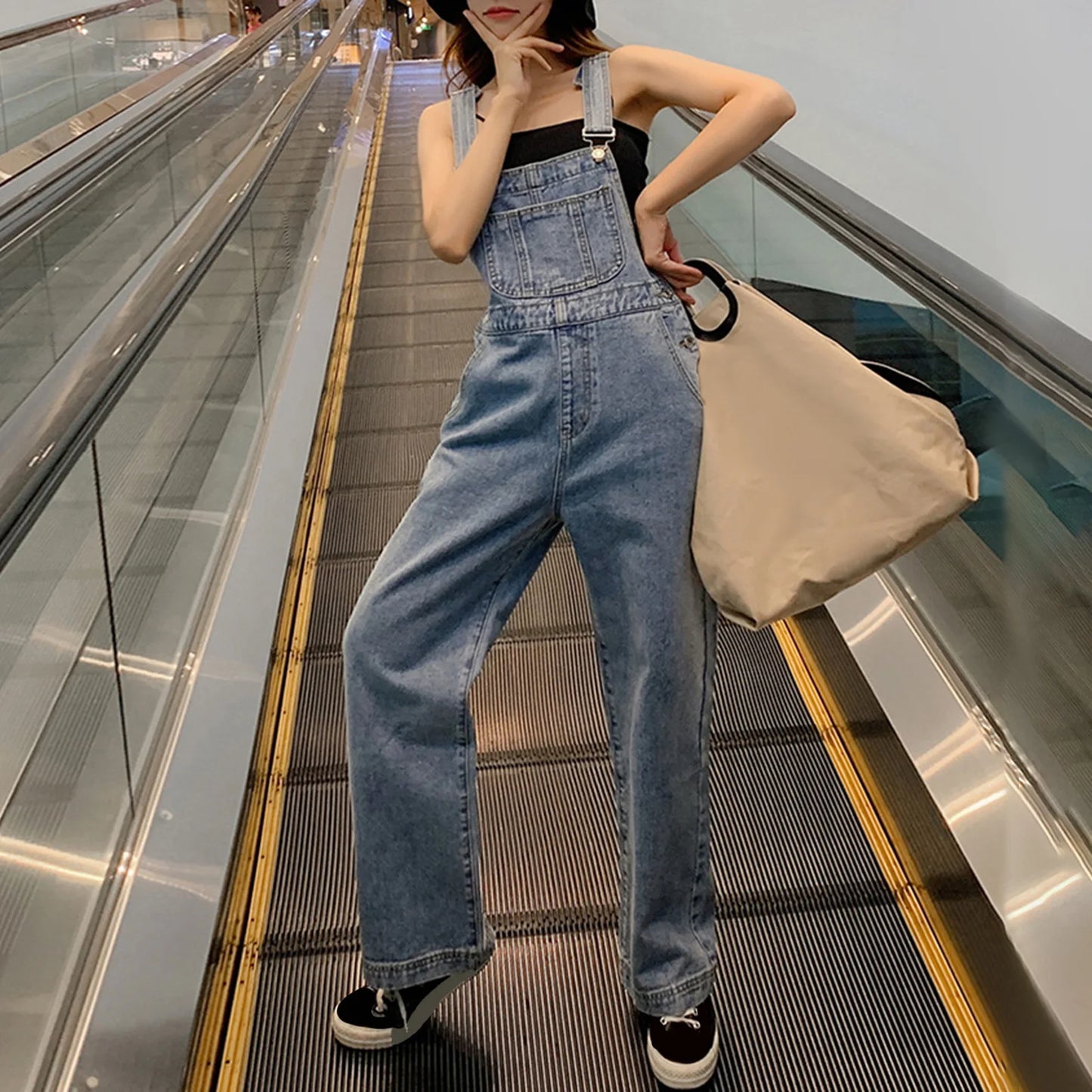 Denim Jumpsuit Summer Women Vintage Preppy Style Pockets Loose Fit High Waist Wide Leg Overalls Streetwear Straight Jeans