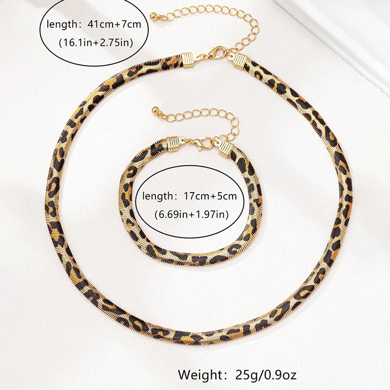 2PCS Leopard Print Snake Chain Bracelet Necklace Set For Women Fashion Jewelry Daily Wear Accessories Trendy New Styles Gifts Badiee Stylez