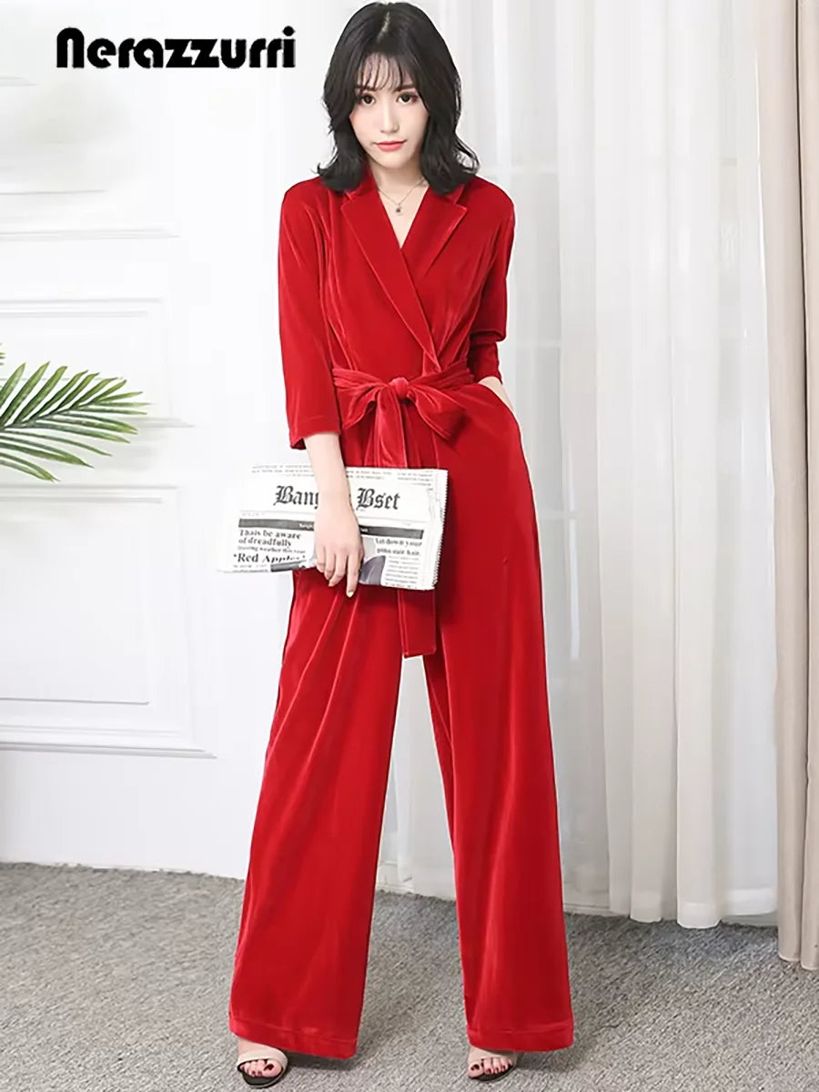Nerazzurri Spring Autumn Long Soft Flowy Red Velvet Jumpsuit Women with Sleeves Sashes Maxi Black Wide Leg Floor Length Clothes Badiee Stylez