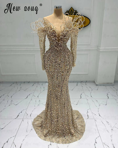 Gold Wedding Party Gown Embroidery Long Mermaid Prom Dress Customized Off Shoulder Sequins Second Reception Dresses Engagement Badiee Stylez