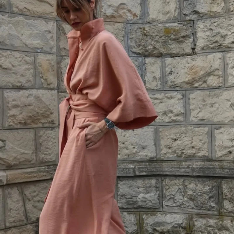 Linen Lace Up Women's Jumpsuit High V-neck Full Sleeve Top Loose Straight-leg Pants 2025 Summer Chic Female Casual Streetwear