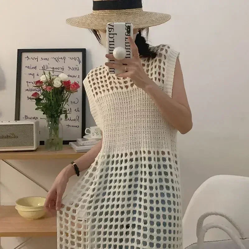 TKNOLEGE Knitted Dress Hollow French Style Fashion O-neck Out Design Sleeveless Solid Casual Tender Holiday Chic Ladies Dress ﻿ White