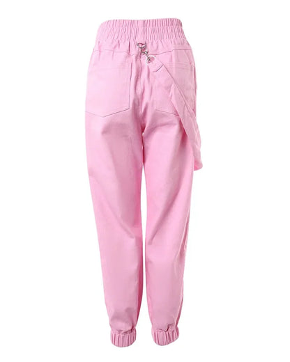 Women's Cargo Pants Casual Trousers 2024 Spring Autumn Solid Color Trend Street Pocket Design Cuff Suspenders Streetwear Women