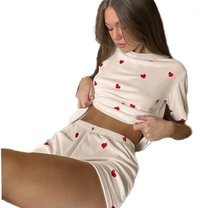 2025 Summer New Women's Pajamas Homewear Set Girls Short-Sleeved Shorts Love Print Knitted Fashion Soft Pajamas Homewear