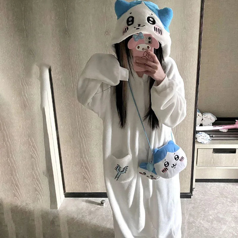 Kawaii Chiikawacoral Velvet Hooded Pajamas for Girls New Cute Cartoon Hachiware Usagi Women's Velvet Home Clothes Autumn Winter
