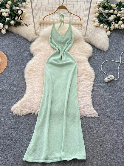 SINGREINY Halter 3D Floral Maxi Sundress Women Sleeveless Bodycon Elastic Beach Dress Vacation Knitted Split Sexy Long Dress