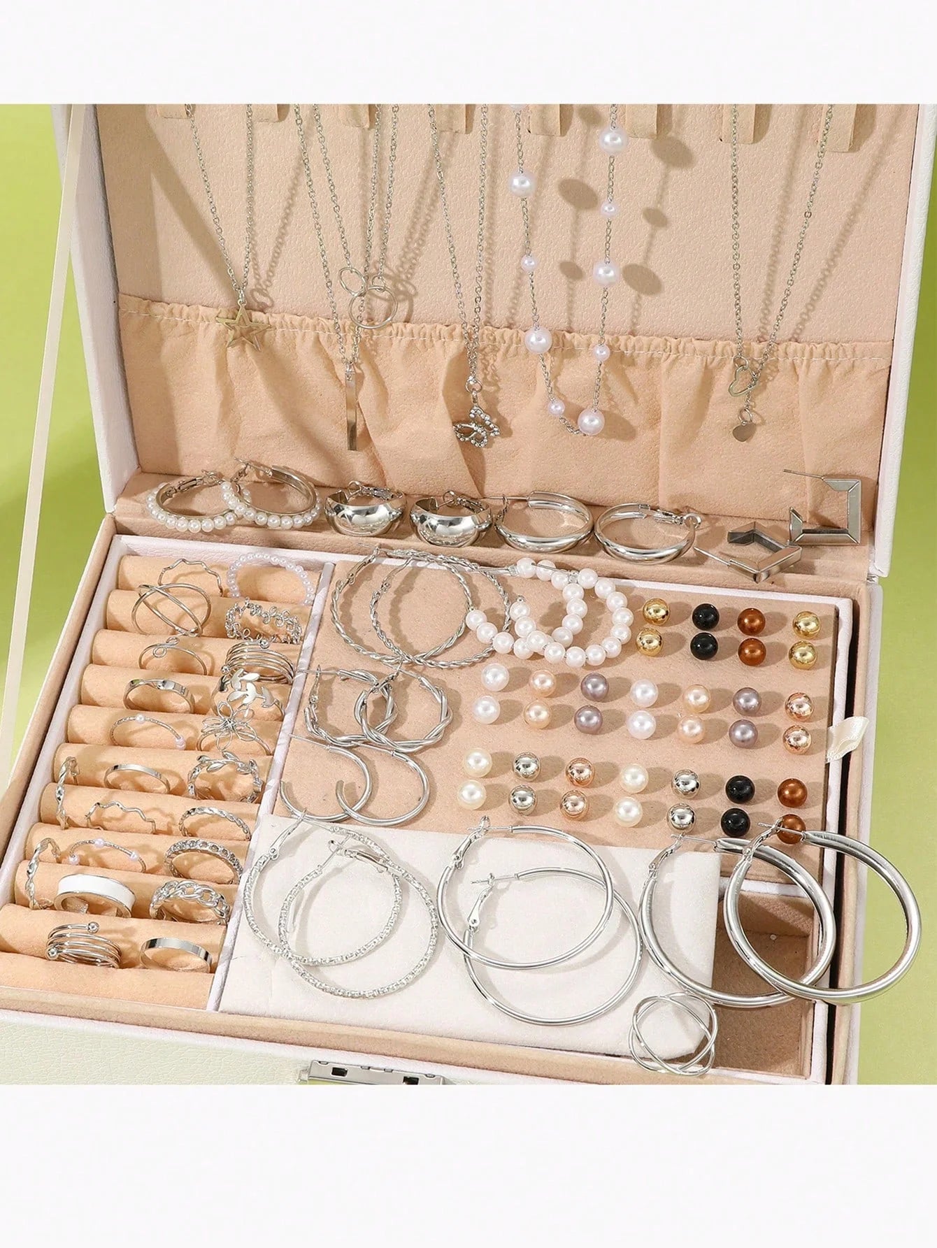 86pcs/Set Elegant Pearl Earrings Multi-Layered Necklace Ear Studs Rings 4-In-1 Jewelry Set For Women Daily Wear Gift (No Box) Badiee Stylez
