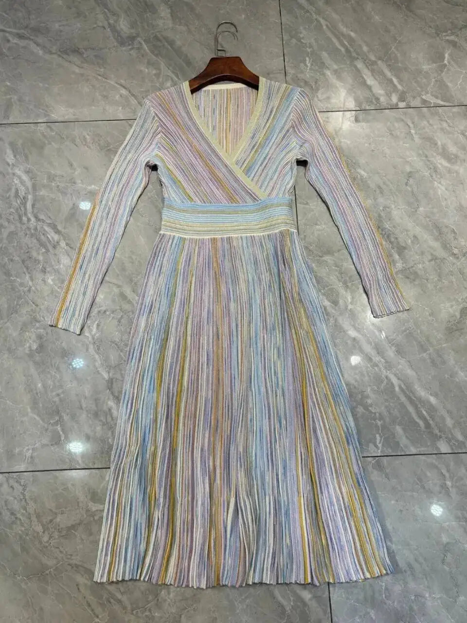 QMQA Fashion Women's Gradient Stripes Design Dresses V Neck High Waist Long Sleeve Elegant Party Dress Female Spring New 1A116 Badiee Stylez