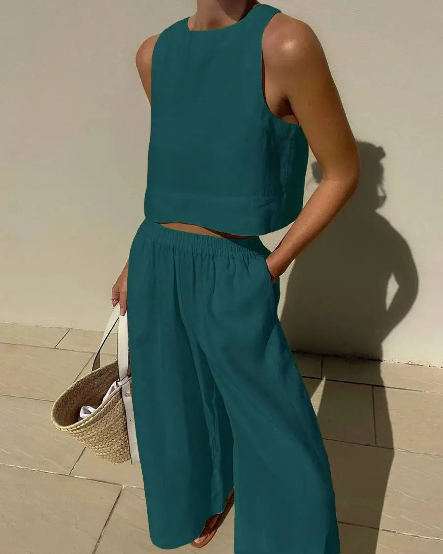 Women's Solid Color Casual Sleeveless Shirt And Pants Two Piece Summer Loose Simple Wide Leg Pants Vest Female 2025