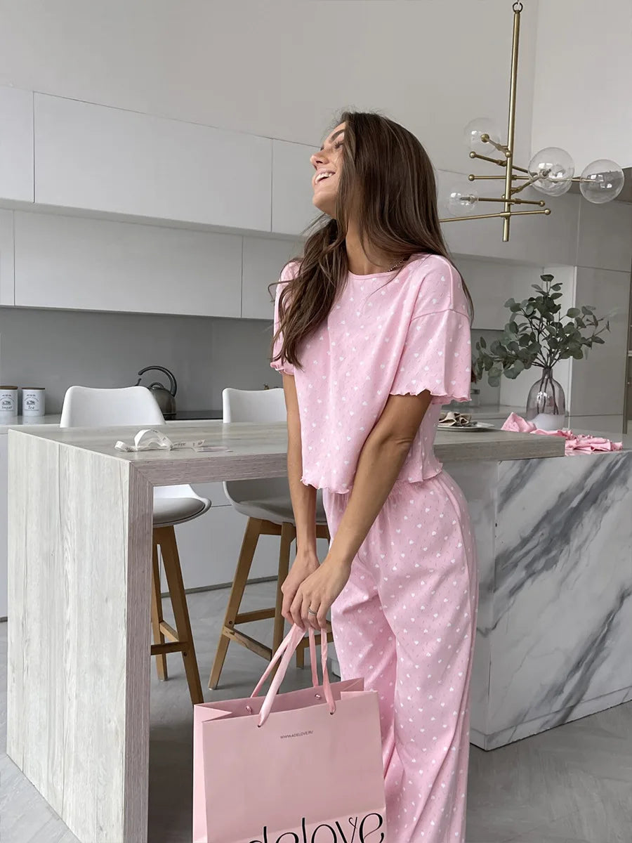 Muzuleva New Fashion Love-Printed Short-Sleeved Pants Pajama Set Women's Summer Pink Sleepwear Loose Casual 2-Piece Set