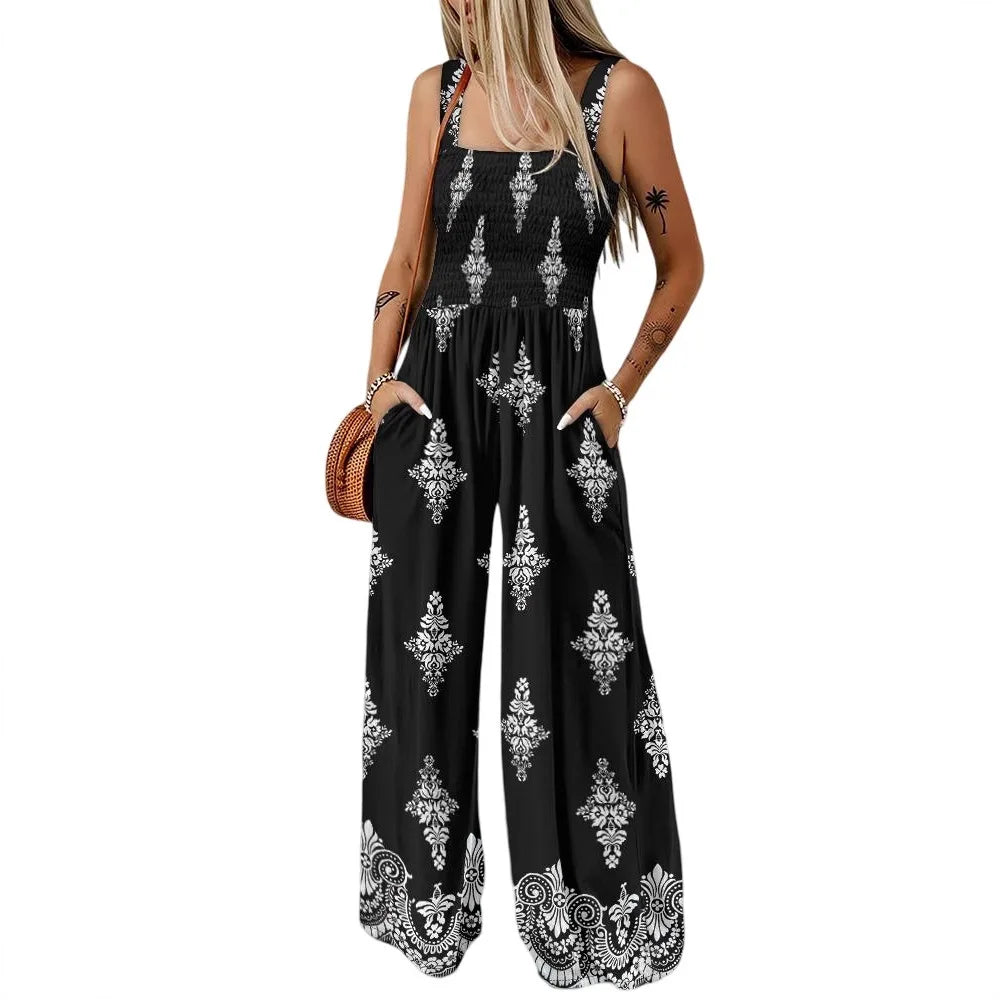 2025 Summer Female Jumpsuits with Pockets Fashion Printing Wide Legs High Waist Women's Rompers Sleeveless Strap Pants Trousers Badiee Stylez
