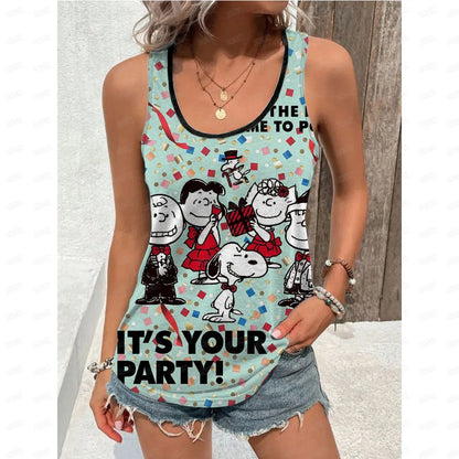 Women's Blouse black Shirts & Blouses Cartoon Snoopy Print Sleeveless Tops Loose V Neck Pulovers Summer Youthful Woman Clothes BXZ1GH01116