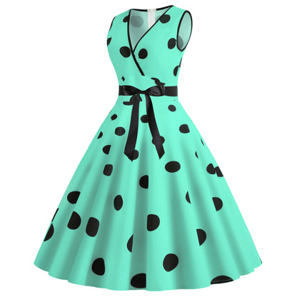 Summer V-neck sleeveless polka dot lace-up waist tucked vintage swing dress