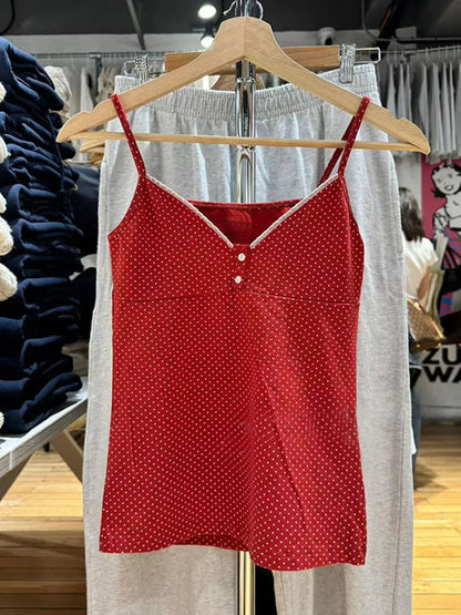 Floral Print Bow V Neck Camis Women Chic Lace Trim Sleeveless Slim Crop Tops Vest Sweet Casual Fashion Raw Hem Tank Top Y2k New Button red dots One Size