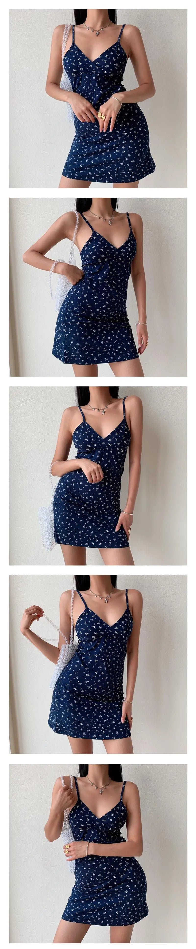 New Sexy Mini Dress Women Summer Vintage Floral Black White Navy Y2K Skinny OL Party Evening V-Neck Camis Dresses Woman Clothes