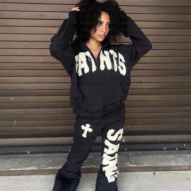 Y2K New European and American Fashion High Street Trendy Sweatshirts Hip Hop Zipper Jacket for Men Letter Patch Loose Hoodies