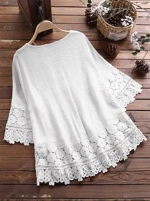 Summer Women Casual Solid Tops Shirt Cotton And Linen Stitching Lace Flower V-neck Loose Top Blouse New Elegant Holiday Shirts