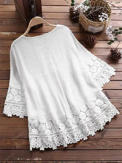 Summer Women Casual Solid Tops Shirt Cotton And Linen Stitching Lace Flower V-neck Loose Top Blouse New Elegant Holiday Shirts
