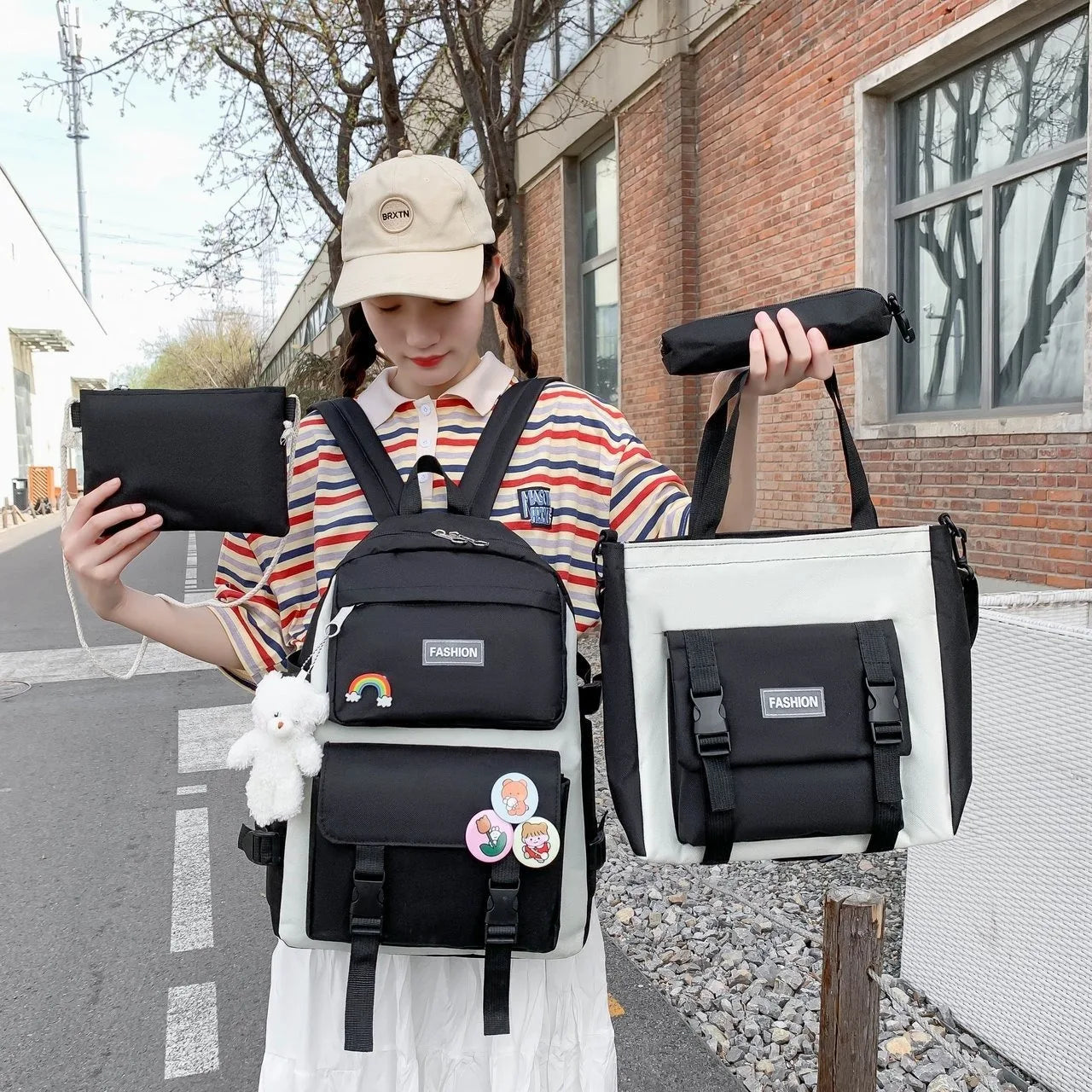 Four Piece Set of Student Backpack for Women in Korean Version Casual Canvas High School Campus with Large Capacity