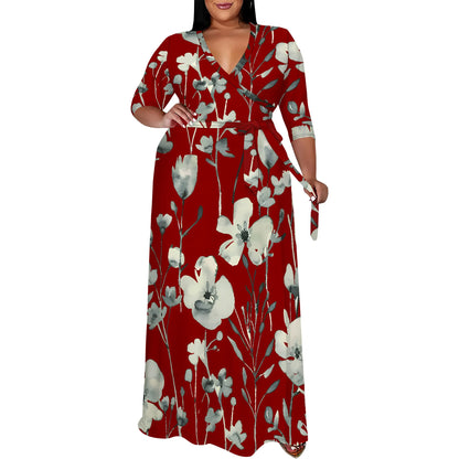 Plus Size Dress for Women - 3/4 Sleeve V-Neck Maxi Dress for Women with Belt and Pockets White-2 CHINA