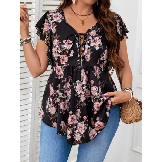 Plus Size Floral Printed Women’s Shirt Blouse Elegant Ruffle Sleeveless Lace-up V-Neck Female Summer Top Casual Vacation Blouses