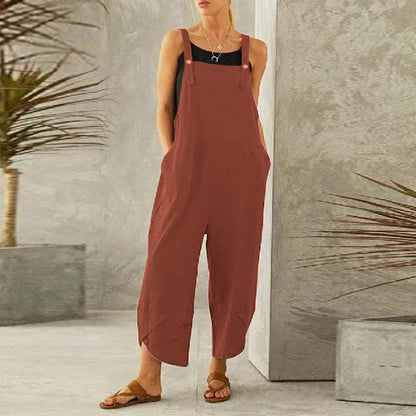 Women Loose Wide Leg Overalls Summer Adjustable Solid Color Cotton Linen Baggy Full Trousers Female Jumpsuits Oversized Red