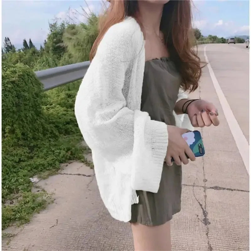 Knitted Cardigan for Women Summer Oversized Knit Loose Coat Sweater Korean Top Solid Cropped Cardigan Y2k Sweater Beach Blouses
